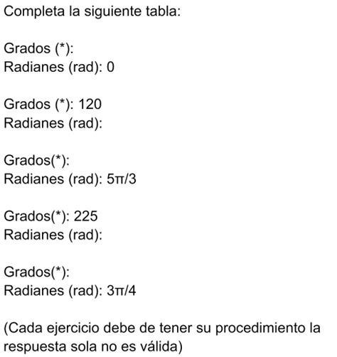 Solved Completa La Siguiente Tabla Grados Radianes Rad 0 Grados 120 Radianes Ra