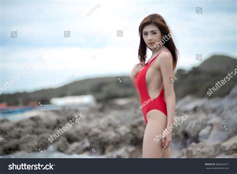 Asian Woman Red Bikini One Piece Stock Photo Shutterstock