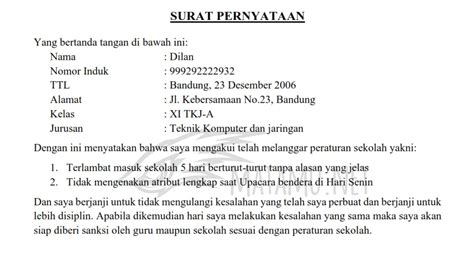 Contoh Surat Pernyataan Siswa Bermasalah Di Sekolah