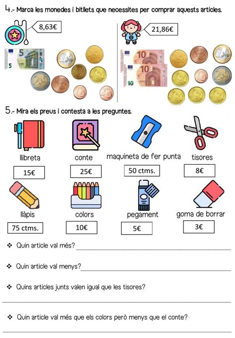 A Worksheet With Coins And Other Items To Help Students Learn Spanish