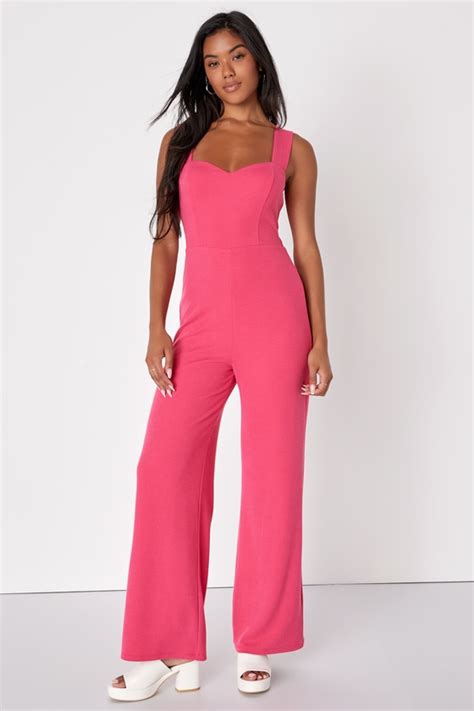 Cute Hot Pink Jumpsuit Wide Leg Jumpsuit Ribbed Knit Jumpsuit Lulus