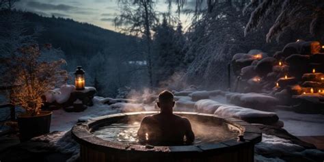 Man In Steamy Outdoor Hot Tub With Forest Background Evening In Resort Spa Outside Generative AI