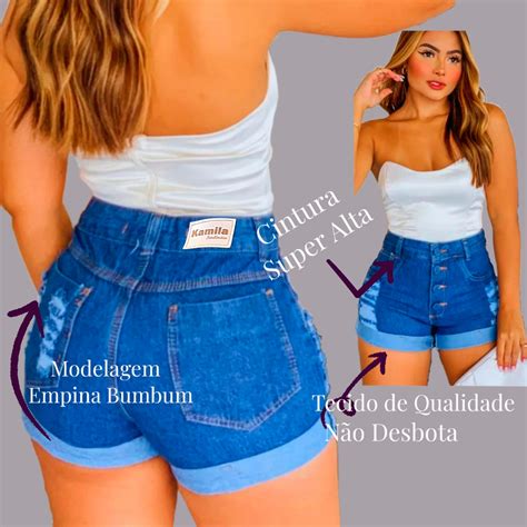 Short Jeans Bermuda Feminino Luxo Cintura Alta Destroyed Hot Pants Modela Bumbum Blogueira Barra