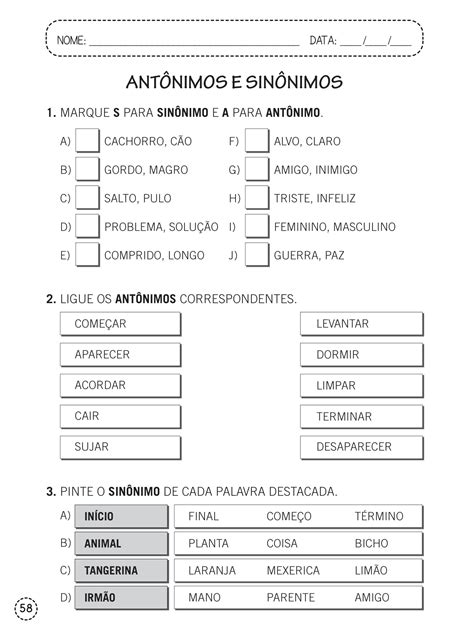 Sinonimo E Antonimo 4 Ano - 1º e 2º ano - Atividades de língua portuguesa - Antônimo e sinônimo ...