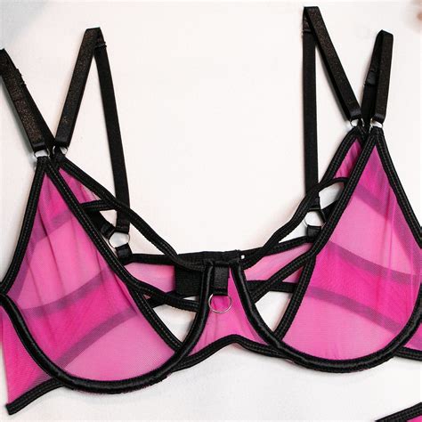 Pink See Through Bra Sexy Underwear With Garter Strappy Corster Mesh T Back Panty Sexy Lingerie