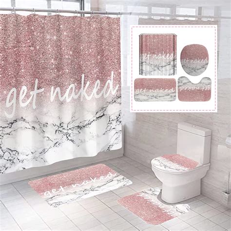 Amazon Get Naked Shower Curtain Set With Rugs 4Pcs Marble Pink Bath Shower Curtain With 12
