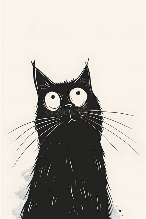 Surprised Black Cat Illustration With Wide Eyes And Whiskers Stock