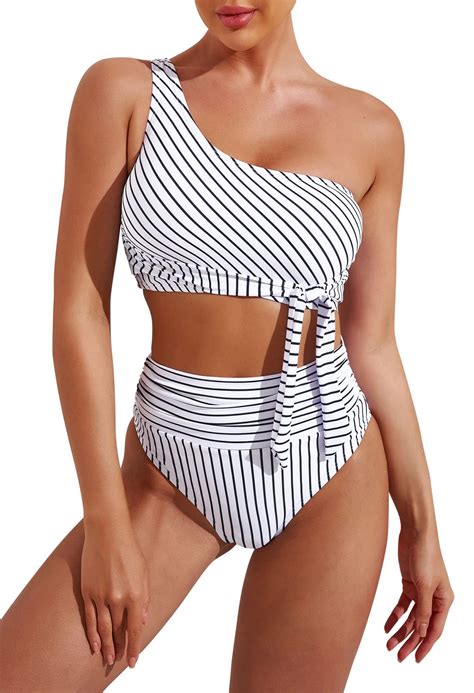 Pink Queen Women S One Shoulder High Waisted Bikini Set Tie High Leg Two Piece Swimsuit Striped