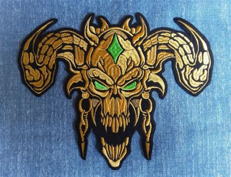 Large Gold Horned Devil Back Patch Satan Demon Skull Evil Grin Green