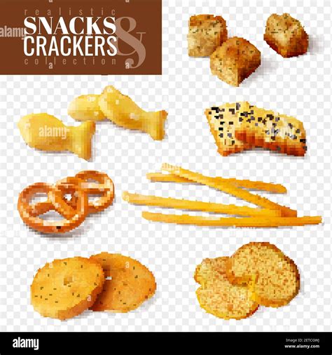 Crackers and snacks of different shapes on transparent background isolated icons set realistic ...