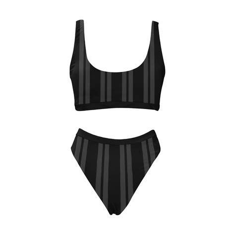 Gray Black Vertical Stripes Sport Top High Waisted Bikini Swimsuit Model S Id D