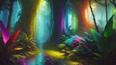 Fantasy Magical Fairy Tale Forest With Colorful Rays Of Light Painting