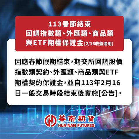 華南期貨 最新消息 【公告】113春節結束回調指數類、外匯類、商品類與etf期權保證金 216收盤適用