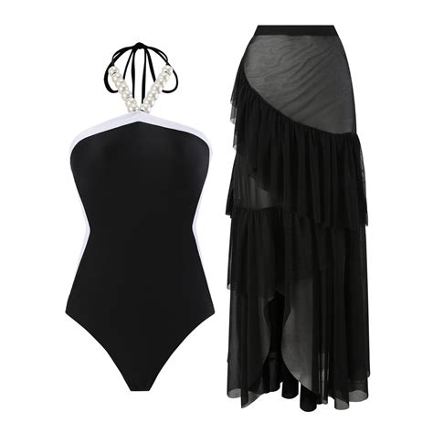 Odeerbi Halter One Piece Swimsuit With Sarong Coverups For Women Split Printed Beachwear Bikini