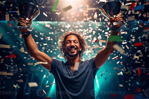 a happy winner on stage holding trophy in his hands with colorful light