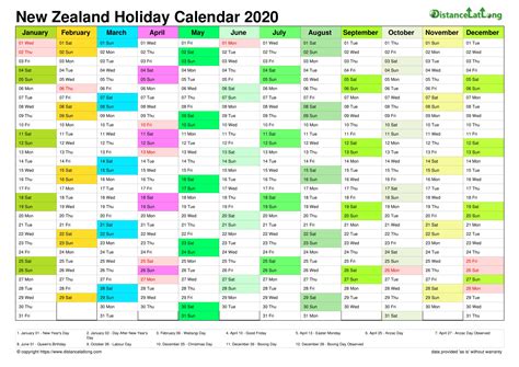 free New Zealand national holiday printable calendar template 2020