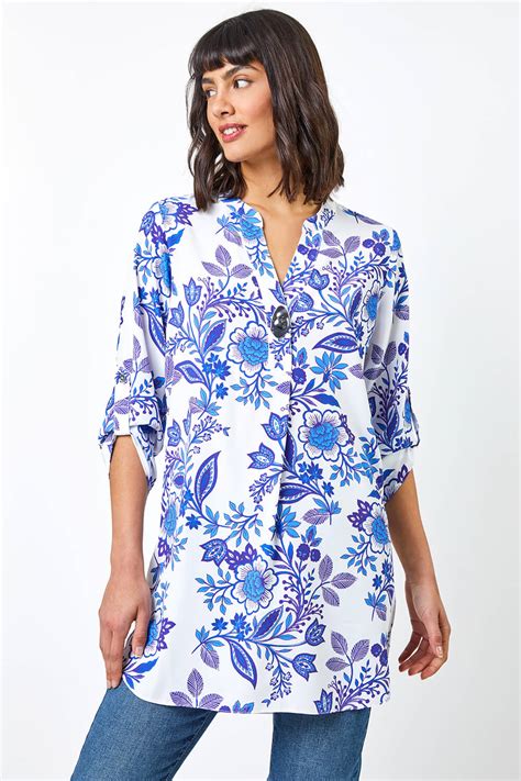 Floral Print Notch Neck Blouse In Blue Roman Originals Uk