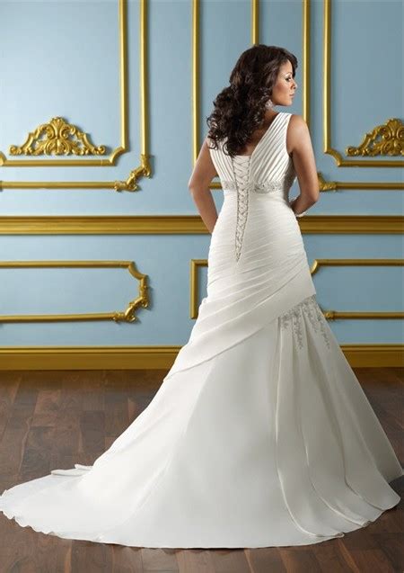 A Line V Neck Empire Waist Ruched Satin Plus Size Wedding Dress Corset Back