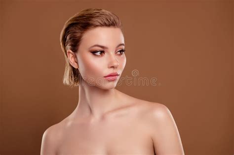 Photo Of Dreamy Shiny Lady Nude Shoulders Looking Empty Space Isolated Brown Color Background