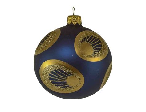 Boule de Noël artisanale bleu nuit décor doré plume de paon verre soufflé