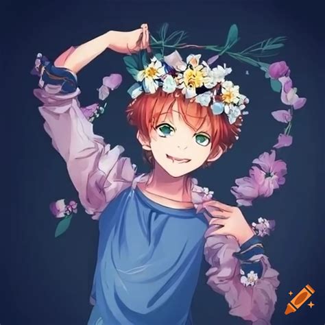 anime boy smiling happily  flower wreath   hands  head