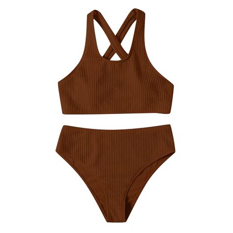 Biziza Brown Two Piece Swimsuit For High Waisted Women Spring Trendy 2025 Backless Bikini Sets U