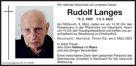 Traueranzeigen Von Rudolf Langes Trauer Bz