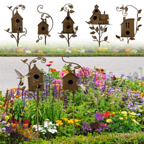 Holloyiver 5pcs Birdhouse Garden Stakes Metal Bird House Garden Stake