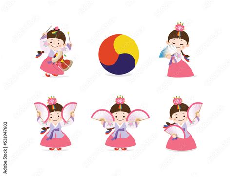 Korean Traditional Fan Dance And Janggu Dance Performance Girl In