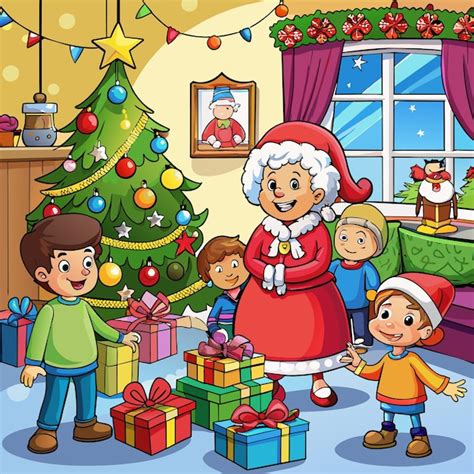 Natal Em Familia Desenho - Uma ilustração de desenho animado de uma cena de Natal com uma família ...