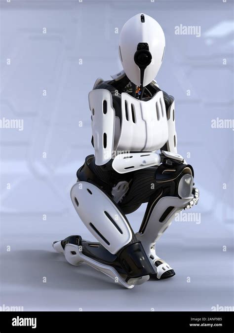 3d Rendering Of A Female Android Robot Sitting Down Crouching