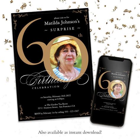 Surprise 60th Birthday Elegant Black Gold Photo Invitation Zazzle 60th Birthday Invitations