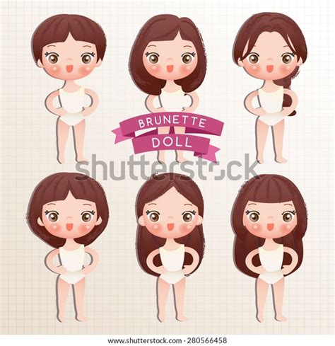 Set Cute Paper Doll Brunette Hair Stock Vector Royalty Free 280566458