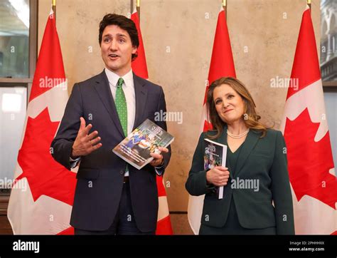 Canadas Prime Minister Justin Trudeau And Finance Minister Chrystia Freeland Speak To The Media