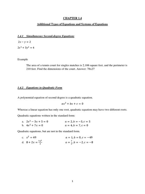 Chapter 1 4 Additional Types Of Equations And Systems Of Equations Pdf Quadratic Equation