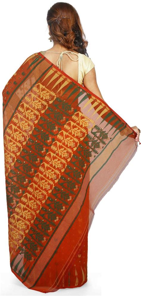 Woodentant Women Orange Woven Cotton Silk Jamdani Saree JioMart