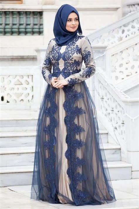 Navy Blue Lace Applique Muslim Evening Dresses 2017 Elegant Long