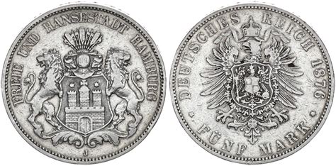 5 Mark 1876 J 5 Reichsmark Hansestadt Hamburg Deutsches Kaiserreich