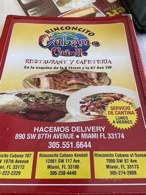 Menu Of Rinconcito Cubano Criollo In Miami Fl