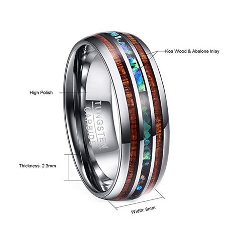 Tungsten Carbide Polished Abalone Shell Real Koa Wood Wedding Band For Men Cands