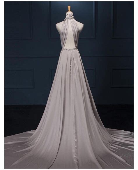 Luxurious Sheath Halter Chapel Train Satin Chiffon Wedding Dress With