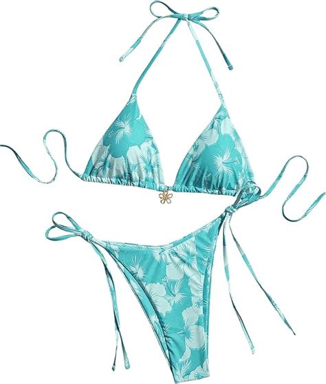 Amazon Gorglitter Women S Floral String Thong Swimsuit Piece Halter Triangle Bikini Set