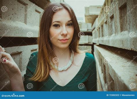 Beautiful Brunette Woman Posing Outdoor In Abandoned Industrial Stock Photo Image Of Girl
