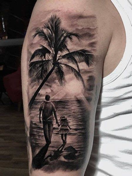 A Man With A Surfboard And Palm Tree On His Arm