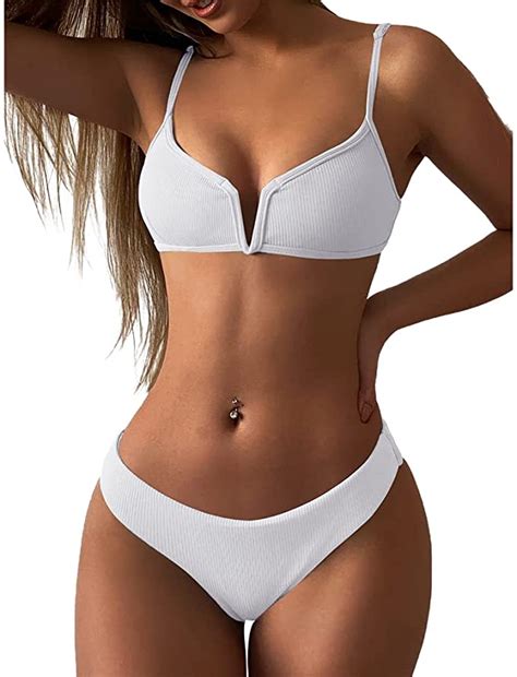 Women S V Wire Padded Ribbed High Cut Cami Bikini Set Wf Shopping