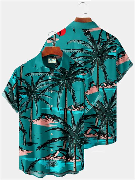 Royaura Beach Vacation Green Mens Hawaiian Shirts Coconut Tree Art