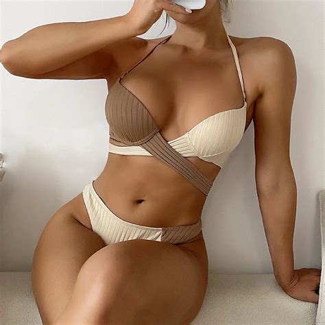 Women S Sexy Solid Color Matching Thick Strip Cross Strap High Waist Bikini Sexy Swimsuit