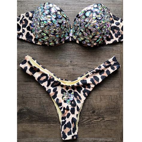 Sexy Rhinestone Bikinis Women Swimwear Push Up Leopard Swimsuit