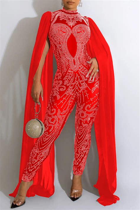 Wholesale Apricot Sexy Patchwork Hot Drilling See Through Half A Turtleneck Skinny Jumpsuits