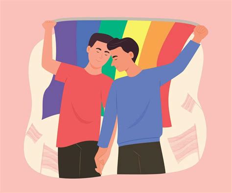 Gay Men Couple Holding The LGBT Rainbow Flag For Gay Pride Celebration Concept Illustration